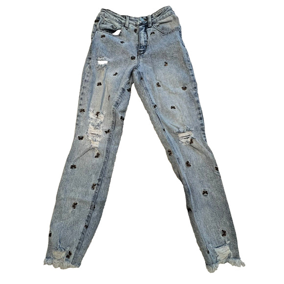Material Girl Sz 1 Mom Jean Embroider Butterfly 90s Distressed High Rise Frayed - Picture 1 of 7